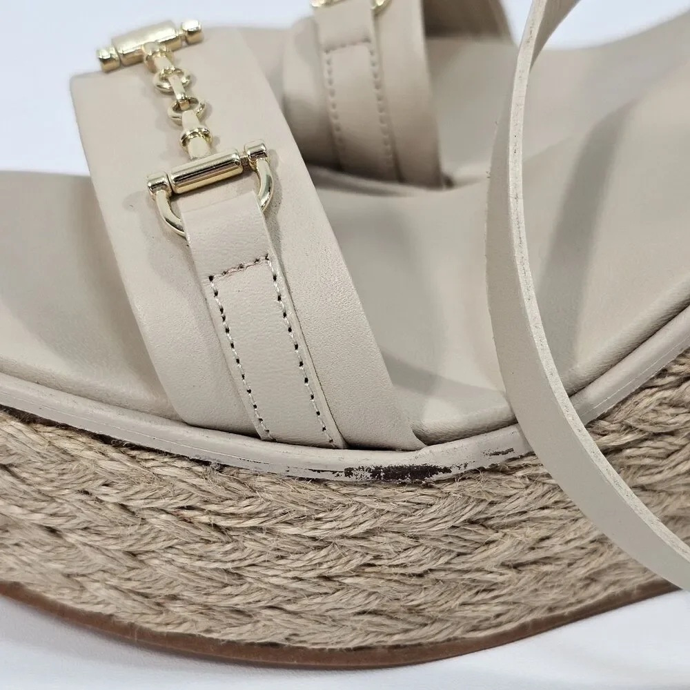 Massimo Dutti Spain Beige Leather Bit Platform Jute Wedge Sandals Sz 38 US 7.5